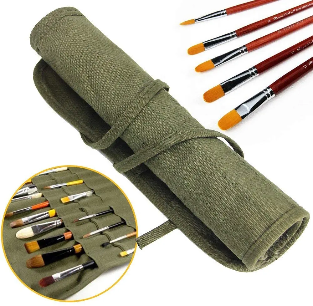 Army Green 22 Slots Paint Brush Storage for Acrylic Oil Watercolor Gouache Artist Paint Brush Roll Canvas Pouch