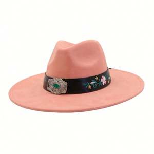 New Arrival National Style Suede Fedora Hat Flat Wide Brim with Embroidery <b>Patch</b> Design Casual Fashion Colorful Suede Jazz Hat - Product Image 4