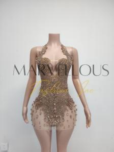 MF Fashion 2024 Rhinestone Halter Neck Green Applique Sparkly Mesh See Through <b>Sexy</b> Sequin <b>Dress</b> Women Party Night - Product Image 4