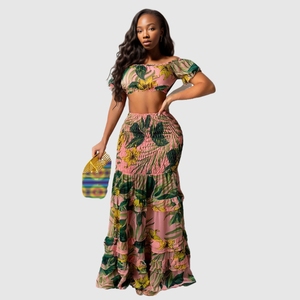 Floral Pleated <b>Elastic</b> Crop Top Maxi Casual Dresses Fashion Summer Natural Digital Printing Adults Short Dresses - Product Image 4