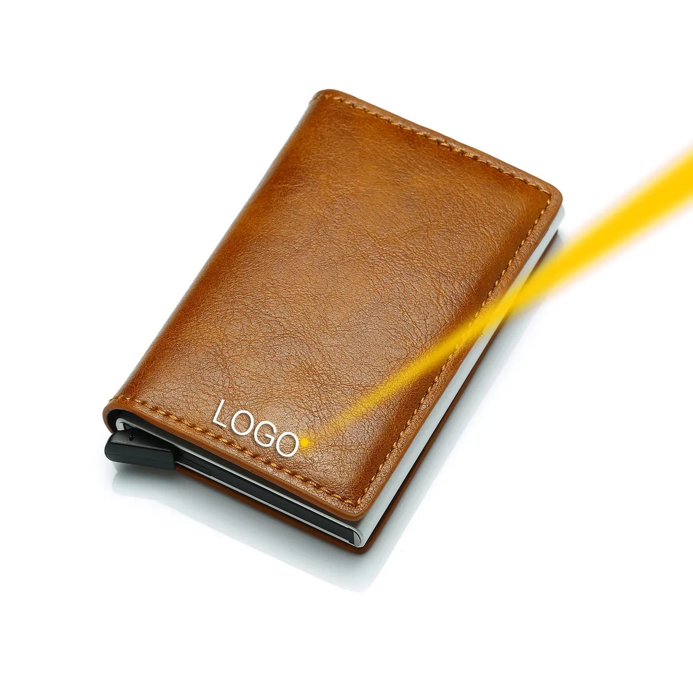 Free Sample Custom Logo Pop Up Cardholder PU Leather Metal RFID Wallet Credit Card Holder