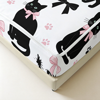 Juego de Ropa de Cama con Cierre y Estampado de Gato Negro y Lazo Rosa, Edredón Acolchado con Sábana Ajustable para Decoración de Dormitorio de Adolescentes