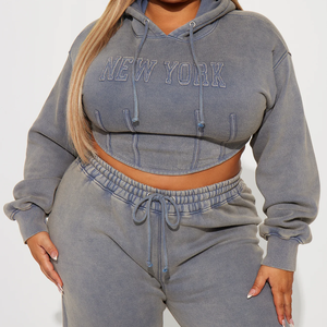 Autumn <strong>Women</strong> Casual Cotton Turtleneck Crop Hoodie Set Grey Washed Sports Wear Letter Pattern Plus Size Tracksuits Logo Custom