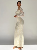 Robe de soirée moulante BH1949 à col carré, patchwork de dentelle, taille fendue, manches longues, amincissante, avec fermeture éclair