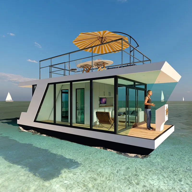 Lüks prefabrik modüler mobil ev küçük yüzen otel houseboat güneş houseboat yat