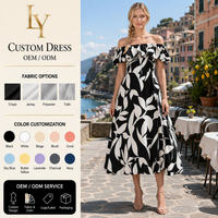 Robe midi décontractée à volants et épaules dénudées à motif floral personnalisé pour femme – Vente en gros