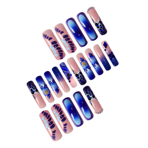 Gros Nouvel Arrivage Populaire Fleur Bleue <span class=keywords><strong>Gel</strong></span> Long Carré Français <span class=keywords><strong>Faux</strong></span> Ongles Amande Boule d'Acier Ongles Artificiels <span class=keywords><strong>Ongle</strong></span> - Product Image 2