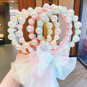 Diadema de cola de caballo de gasa de princesa <span class=keywords><strong>sin</strong></span> <span class=keywords><strong>cabeza</strong></span> de Corea, diadema para el pelo con lazo para niña, diadema de perlas de serpentina para niños - Product Image 1