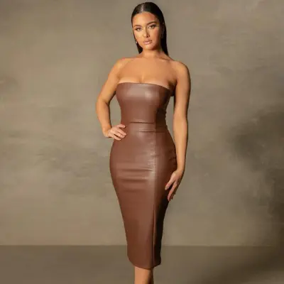 Strapless Stretch PU Bodycon Midi Dress Sexy Back Slit Black Chocolate Solid Elegant Outfit Party Leather Dress