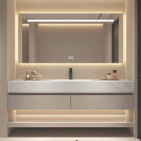 Ensemble de meuble-lavabo mural minimaliste italien en pierre frittée sans joint, avec porte en bois massif et construction en contreplaqué