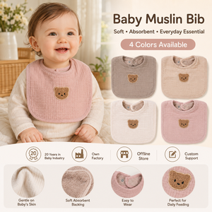 Baberos de <span class=keywords><strong>Toalla</strong></span> de Algodón Orgánico Muslin con Bordado de Oso para Bebé, Tipo Bandana en Forma de U, Suaves, Venta al por Mayor de Fábrica - Product Image 1