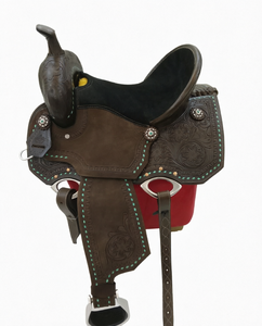 2026 Más vendido Conjunto de silla de montar western de cuero premium de piel de vacuno con adornos florales grabados y cosidos para equitación - Product Image 1