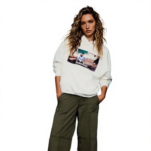 Women's Oversized Hooded <b>Sweatshirt</b> <b>White</b> Printed Cotton Knitted Autumn Wear Regular Sleeve Front Logo Pocket Design - Product Image 1