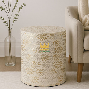 Taburete de Madera Natural Hecho a Mano, Mesa Auxiliar con Diseño de Incrustaciones de Hojas, Muebles Modernos y Sostenibles al por Mayor para Decoración del Hogar - Product Image 3