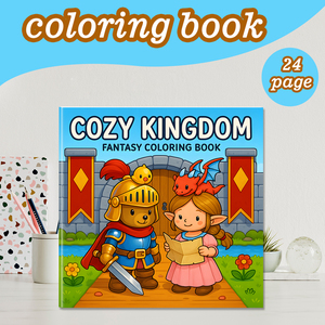 Libro da colorare "regno accogliente" a tema principessa e cavaliere, libro da colorare Fantasy con castello, drago e simpatici personaggi - Product Image 2