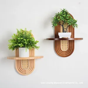 Massief houten <span class=keywords><strong>vintage</strong></span> wandplank in wabi-sabi stijl, multifunctioneel decoratief wandrek, rotan plantenbakrek voor de woonkamer - Product Image 2