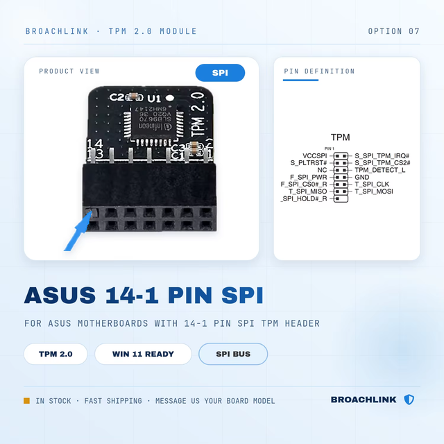 ASUS 14 Pin 14-1 Pin SPI Interface Trusted Platform Module TPM2.0 Chip ASUS Motherboard TPM 2.0 SPI Tpm 2.0 Module for PC