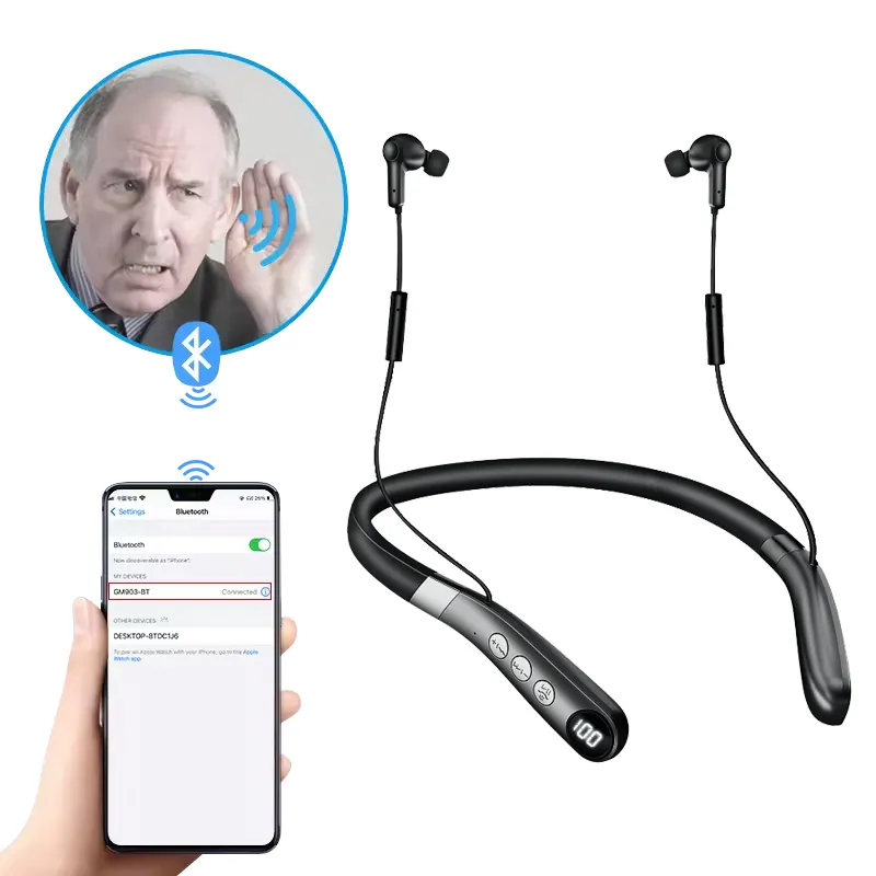 Mới được thiết kế có thể sạc lại Bluetooth điện tử audfonos pequeos Máy trợ thính cho người cao niên Vòng cổ Máy trợ thính