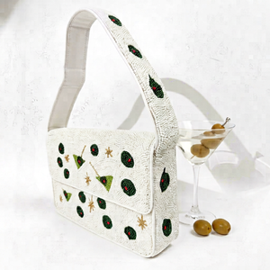 Sac à main rectangulaire blanc lavable fait main avec broderie Martini, perles de verre et textile en coton – Accessoire de fête - Product Image 1