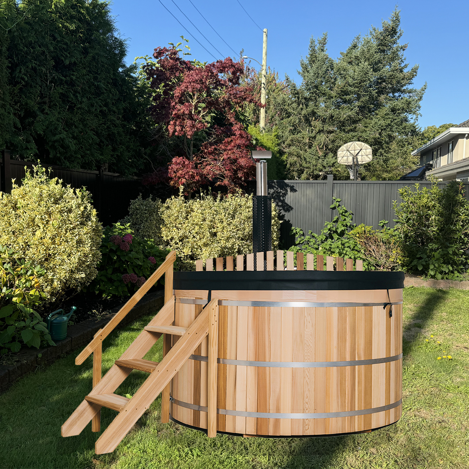 Support Custom Outdoor Garden Spa Soaking Red Cedar Hot Water Bath Tub with Wood Burning Stove