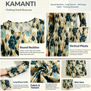 Elegante Abito Midi <span class=keywords><strong>Plissettato</strong></span> a Linea A per Donna, <span class=keywords><strong>Vestito</strong></span> a Maniche Lunghe con Collo Tondo e Motivo Vintage, Taglia Unica per Uso Quotidiano - Product Image 6