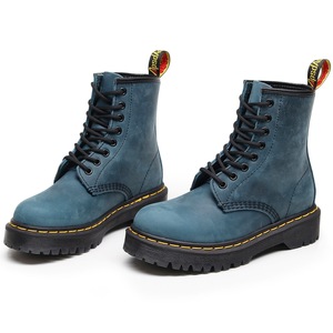 Bottes de travail montantes pour femmes, bottines bleues pour hommes et femmes, chaussures en cuir véritable, chaussures de moto à bout rond - Product Image 2