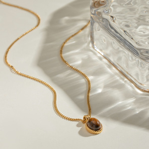 Collier pendentif ovale en acier inoxydable avec œil de tigre, chaîne dorée, serti clos, bijoux pour femmes, colliers tendance - Product Image 4