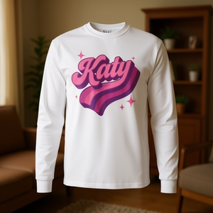 Camiseta de manga larga con nombre personalizado de Katy, diseño gráfico rosa de estilo vintage - Product Image 3