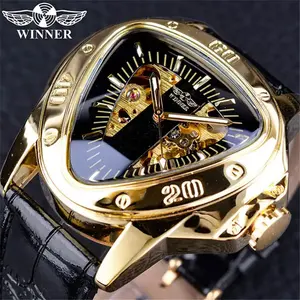 ساعة يد ميكانيكية أوتوماتيكية فاخرة من Winner Forsining 052G ساعة يد ثلاثية الشكل بتصميم عصري مستوحى من خيال المجموعة الهيكل الذهبي