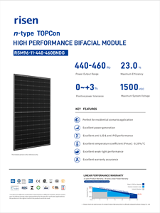 Module/panneau solaire 440-460wp_TOPCON_Bifacial/Double vitrage - Risen_RSM96-11-440-460BNDG - Product Image 1
