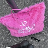 Sac fourre-tout d'hiver en peluche rose brodé tendance, grand sac de rangement, sac à bandoulière en fourrure pour femme – Grande Vente