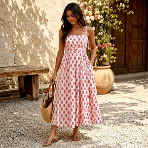 Robe d'été décontractée pour femme, en coton, imprimée à la main, longueur genou, évasée, douce et naturelle |   Bretelles à nouer sans manches |   OEM/ODM | - Product Image 1