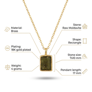 Authentic Raw Moldavite Rectangle Pendant <b>Necklace</b> 18K Gold Plated Brass Minimalist Style <b>Necklace</b> for Unisex Everyday Wear - Product Image 1