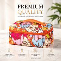 Sac de maquillage en nylon à imprimé floral, grande capacité, trousse de toilette de voyage, double couche, organisateur multi-compartiments avec poignée et fermeture éclair