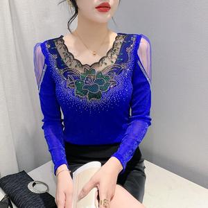 Outono nova moda elegante laço colar strass costura malha emagrecimento jovem undershirt - Product Image 1