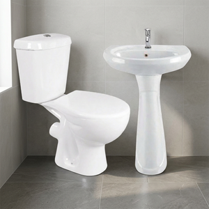 Ensemble sanitaire de salle de bain économique et moderne en céramique, comprenant un WC deux pièces et un lavabo sur colonne - Product Image 3