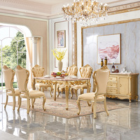 Table et chaises de salle à manger de style européen, de la Cour Française, en bois sculpté de luxe, avec plateau en marbre artificiel, forme rectangulaire
