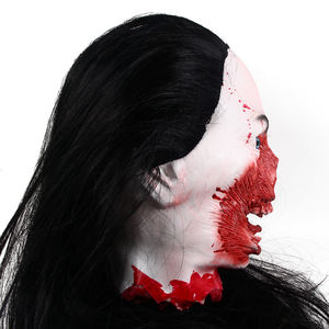 Tête de zombie féminine sanglante en latex pour Halloween, cheveux longs noirs, visage semi-avarié, durable, réutilisable, pour adulte, à suspendre ou à poser sur table - Product Image 5