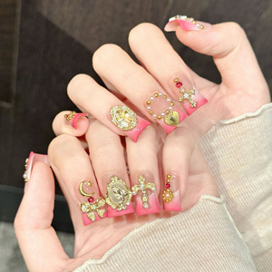 <span class=keywords><strong>Uñas</strong></span> <span class=keywords><strong>Postizas</strong></span> Hechas a Mano al por Mayor, Estilo Duckbill, <span class=keywords><strong>Cortas</strong></span> y Anchas, con Flores 3D, Diamantes <span class=keywords><strong>de</strong></span> Imitación, Brillo Morado y Rosa, Reutilizables, OEM, ODM, Empaque Personalizado - Product Image 6