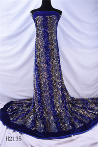 Vải Ren Lưới Màu Xanh Dương Chất Lượng Cao Châu Phi 2135 Vải Ren Nhung Đính Kim Sa Nặng Của Pháp Dành Cho May VÁY DỰ TIỆC - Product Image 6