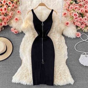 Nuevo Vestido Midi de Verano, Sexy, con Cuello en V, Cierre de Cremallera, Transpirable, de Punto Sólido - Product Image 5