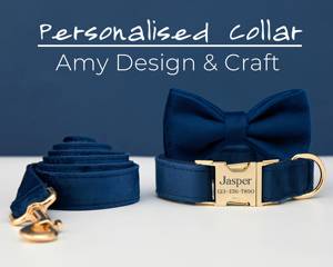 Collar personalizado para perro y conjunto de correa con pajarita, collar de terciopelo azul marino, regalo de boda para cachorro, envío gratis - Product Image 3