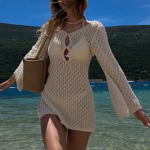Nouvelle arrivée, robe de plage décontractée pour femmes, robe de plage sexy à manches longues, dos nu, mini robe en tricot crochet - Product Image 1