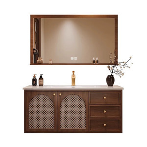 Vintage-style ceramic integrated bathroom vanity unit with washbasin and smart <b>mirror</b> cabinet - Product Image 6