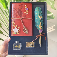 Ensemble de stylos plume en feuille d'or antique avec carnet en cuir fait main, pot d'encre et coffret cadeau pour mariage, anniversaire ou cadeau d'affaires