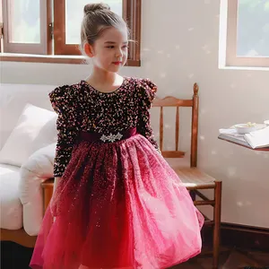 Autunno paillettes principessa ragazza abito manica lunga festa di compleanno da indossare eleganti Tulle abiti per bambini