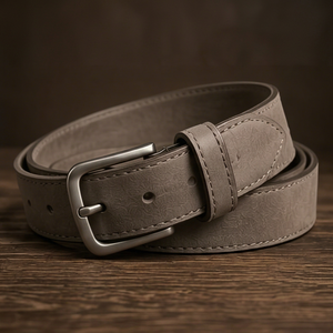 Ceinture en cuir véritable gris uni avec boucle ardillon rectangulaire argentée, décontractée, durable pour homme - Product Image 1