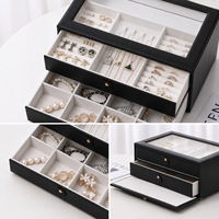 Caja Organizadora de Joyería Negra al por Mayor con Tapa de Cristal y Doble Cajón para Almacenamiento y Exhibición de Joyería