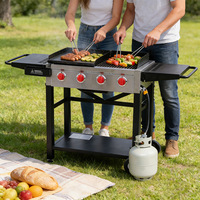 Gril à charbon de bois à quatre brûleurs avec étagères latérales doubles, grand barbecue fumoir domestique, réchaud de camping de style américain