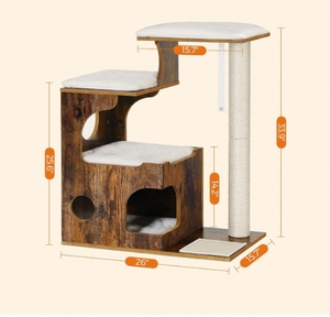 Tour à chat en bois moderne avec 3 lits, poteaux en sisal, fausse fourrure moelleuse, griffoir écologique, emballé en carton, pour usage intérieur et extérieur - Product Image 5